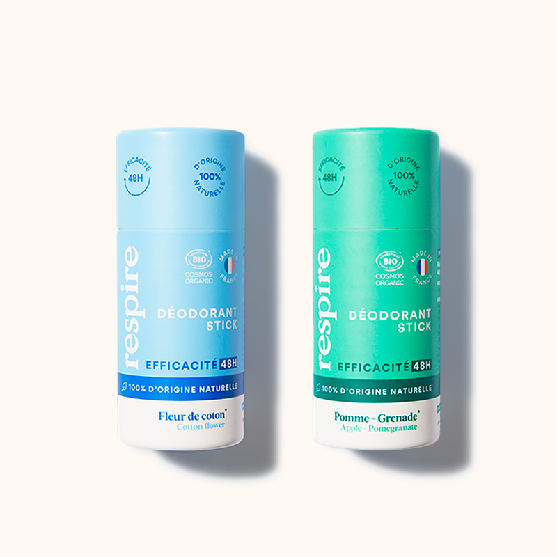 2 Déodorants Solides Respire, 100% Naturel & Bio, efficace 48h - Fleur de  Coton et Pomme Grenade