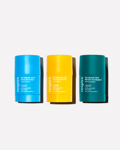 Respire Soins Naturels et Mimétiques Routine Cosmétique Solide Déodorant Stick Fleur de Coton et Douceur Monoi et Menthe Eucalyptus Respire